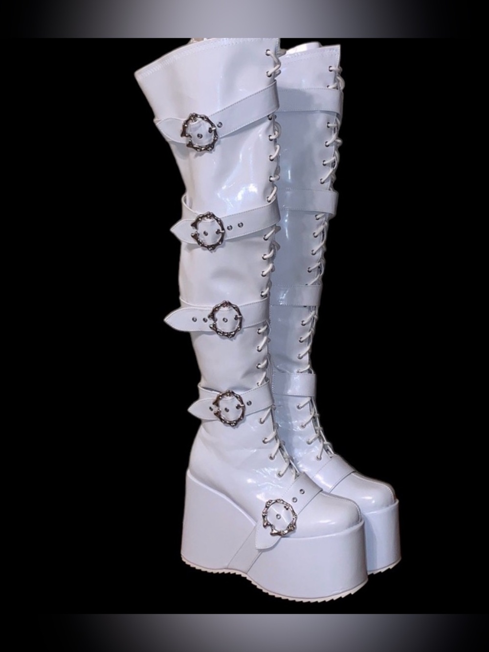 Ellie Shoes White 500-KAMORA Chunky Platform Thigh High Buckle Boots Size 7 goth